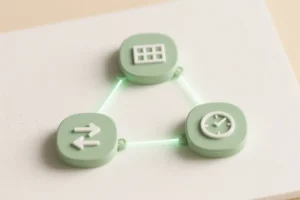 Three clean geometric nodes connected by faint flowing lines forming a triangular workflow diagram as rounded rectangle with a distinct icon inside.