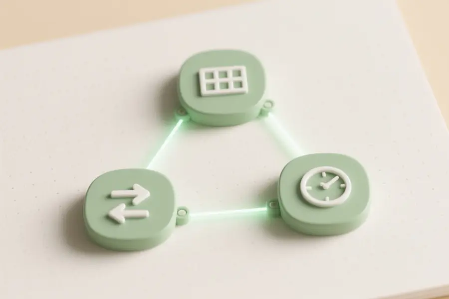 Three clean geometric nodes connected by faint flowing lines forming a triangular workflow diagram as rounded rectangle with a distinct icon inside.