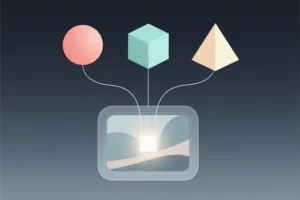 Three small geometric shapes positioned at the top forming a triangle formation of a sphere cube and a pyramid.