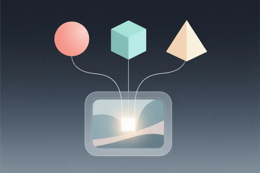 Three small geometric shapes positioned at the top forming a triangle formation of a sphere cube and a pyramid.