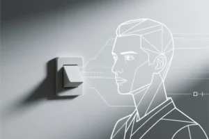 To the right delicate geometric line work represents image data flowing into a refined sharp portrait outline.