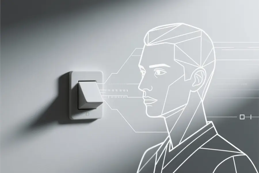 To the right delicate geometric line work represents image data flowing into a refined sharp portrait outline.