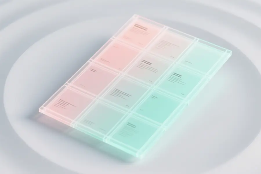 Translucent digital grid layout resembles a wireframe for a complex poster or comic strip.