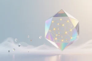 Translucent glass octahedron floats weightlessly embodying the core model structure.