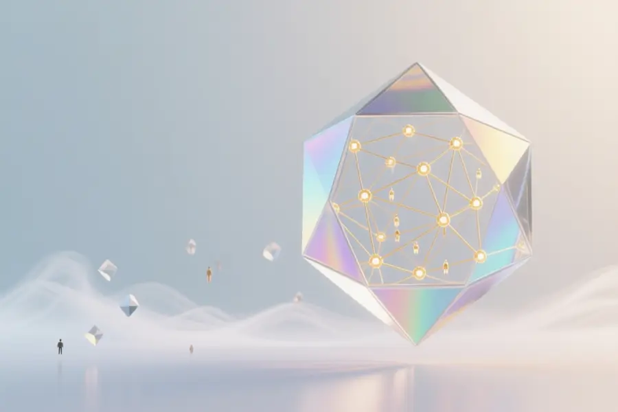 Translucent glass octahedron floats weightlessly embodying the core model structure.