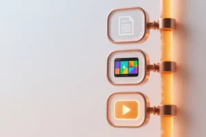 Vertical sequence of three frosted glass nodes connected by a glowing amber tube.