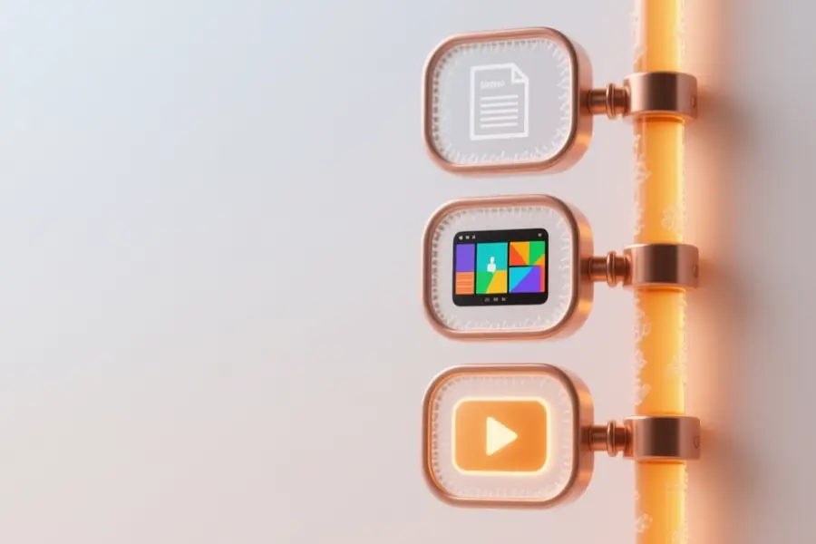 Vertical sequence of three frosted glass nodes connected by a glowing amber tube.