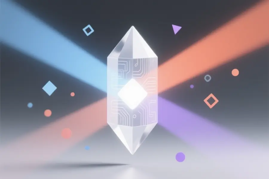 White crystalline prism refracting three distinct beams of light that merge into one unified glow.