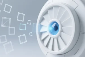 White mechanical iris shutter is made of smooth matte porcelain-like material with precise clean edges.