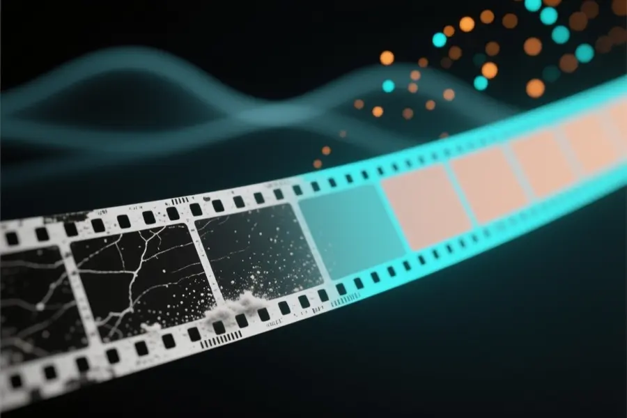 A abstract composition depicting the restoration of archive footage of an old curled film strip.