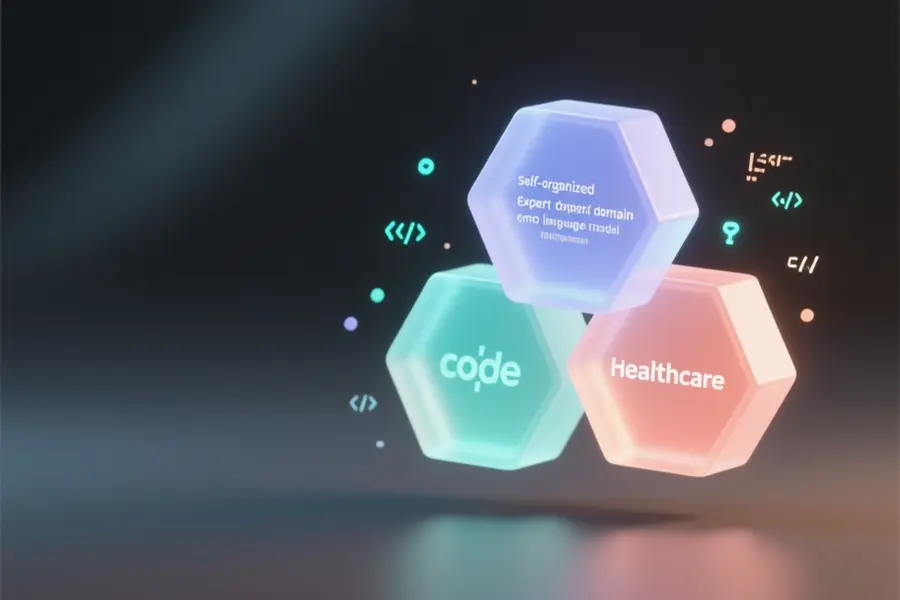 A cluster of three softly glowing translucent geometric modules each representing a self-organized expert domain.