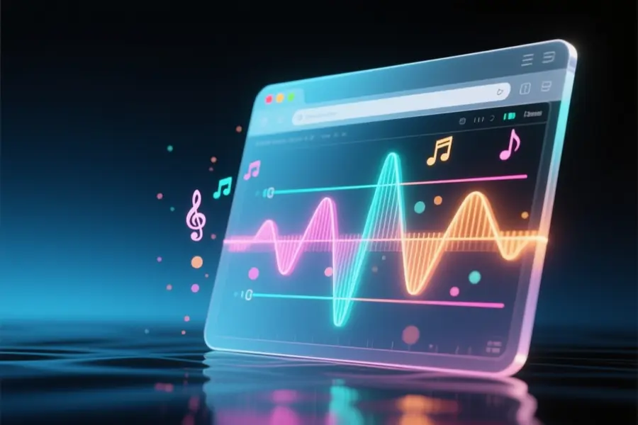 A colossal browser tab made of solid glass with glowing soundwave lines that shimmer in neon cyan soft magenta and warm amber.