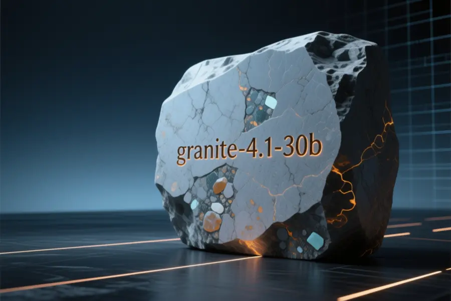 A colossal slab of raw granite roughly hewn but smoothed on one face with the characters granite-4.1-30b etched.