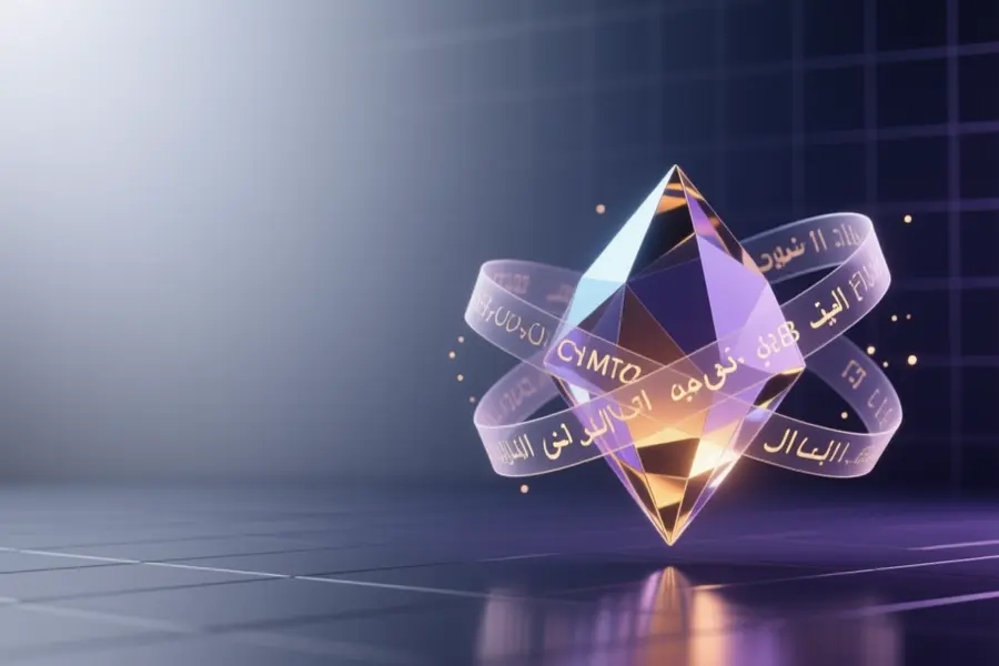 A compact geometric crystal symbolizing the Hy-MT2-1.8B translator where its surface is a mix of purple translucent glass and brushed metal.