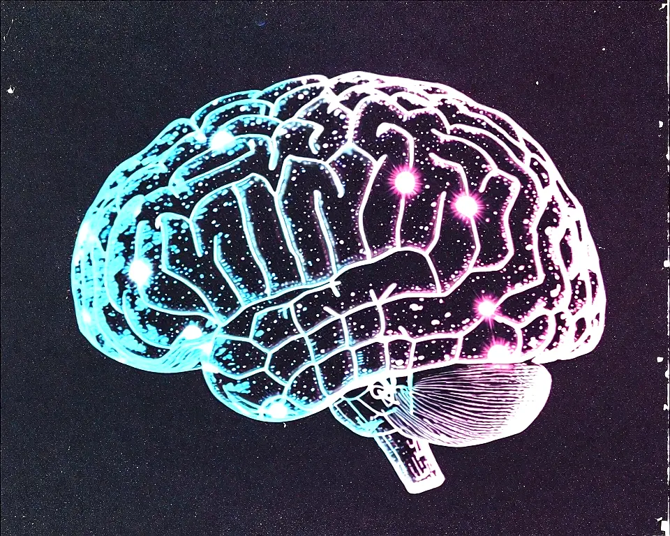 A crystalline brain hemisphere of faceted quartz material with bright cyan light pulsing from within.