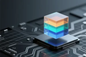 A crystalline cube composed of three distinct luminous layers glowing in soft amber teal and deep blue representing ternary values.