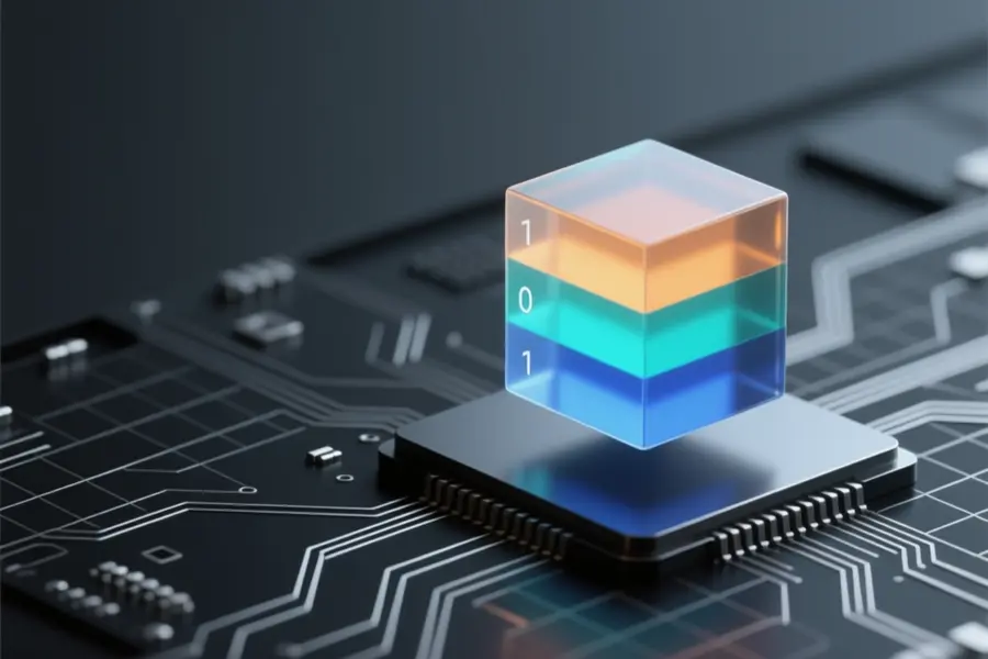 A crystalline cube composed of three distinct luminous layers glowing in soft amber teal and deep blue representing ternary values.