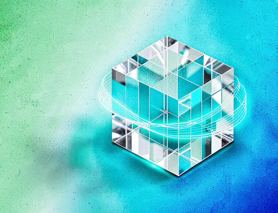 A crystalline dataset refining cube is made up of translucent crystal facets with data stream gracefully wraps around the cube.