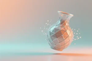 A detailed ceramic vase with crystalline 3D wireframe mesh that extends outward with soft silver lines and tiny luminous nodes.
