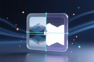 A digital composition symbolizing unified image and mask resizing with soft rounded corners divided vertically.