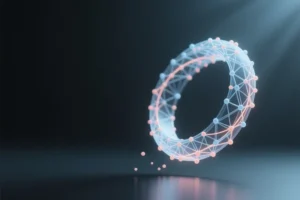 A digital ring hovers to the right of view formed from billions of tiny interconnected nodes.