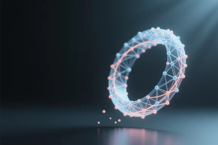 A digital ring hovers to the right of view formed from billions of tiny interconnected nodes.