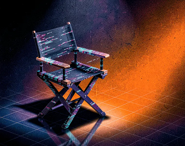 a directors chair made up of a holographic glitch material with fragmented light streaks and placed to the left side of view.