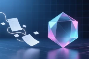 A faceted dodecahedron made of frosted glass and brushed metal with a gentle stream of semi-transparent document cards.