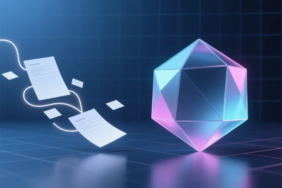 A faceted dodecahedron made of frosted glass and brushed metal with a gentle stream of semi-transparent document cards.