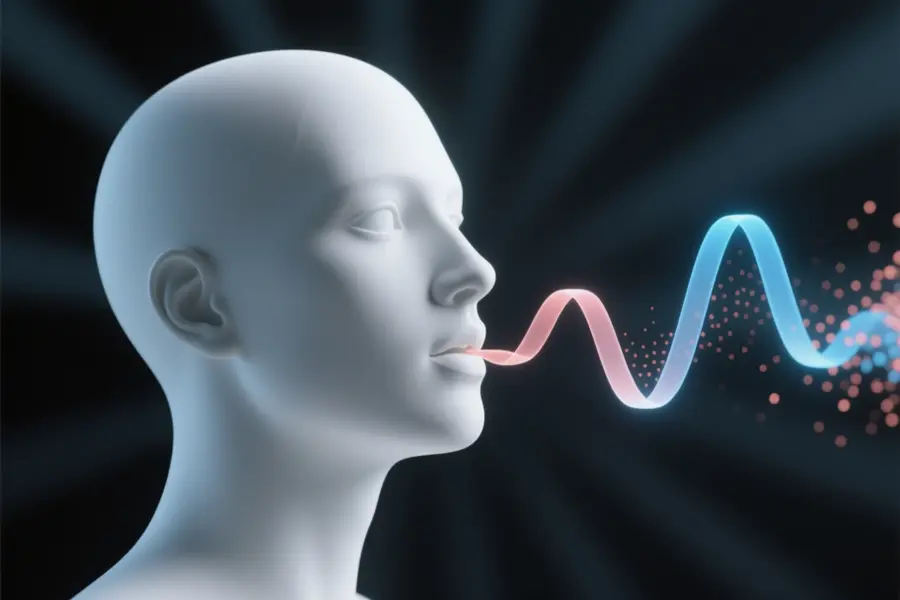 A featureless white human bust emerging from its slightly parted lips is a delicate translucent sound wave.
