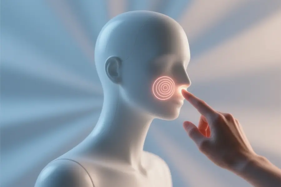 A featureless white mannequin bust head is turned to the side with fingertip gently touching cheek.