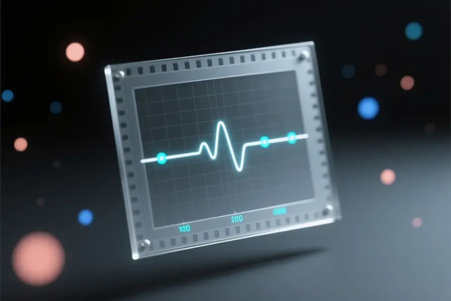 A film frame crafted from frosted glass with a subtle digital grid texture embedded within its edges.