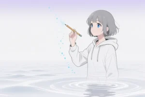 A floating translucent anime woman rendered in linework wearing a hoody and is holding a pencil upwards.