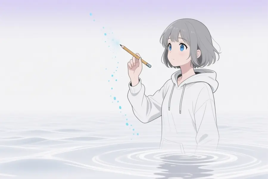 A floating translucent anime woman rendered in linework wearing a hoody and is holding a pencil upwards.