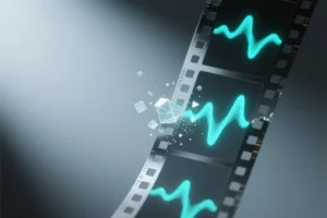 A fragmented film strip flows vertically its individual opaque matte frames containing subtle waveform oscillations rendered.
