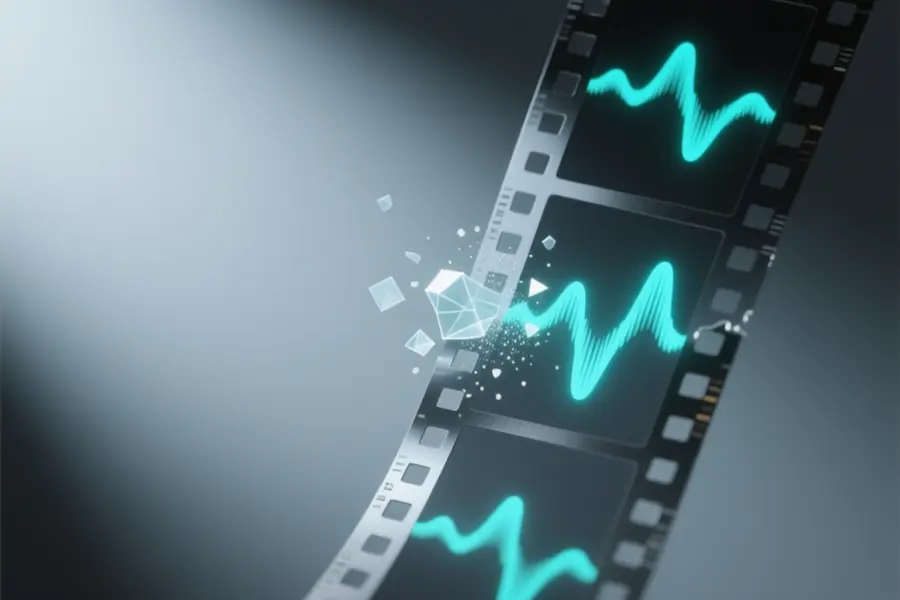 A fragmented film strip flows vertically its individual opaque matte frames containing subtle waveform oscillations rendered.