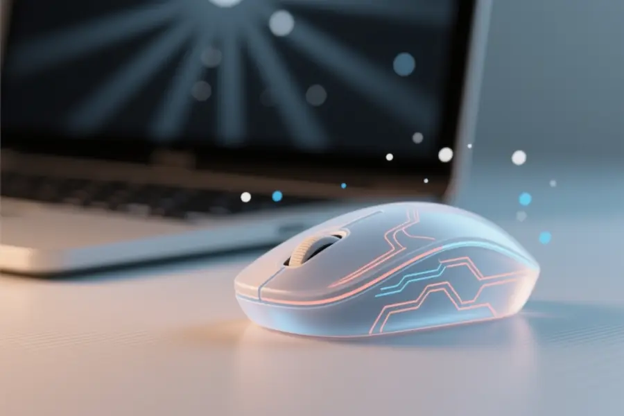 A frosted glass computer mouse with subtle digital circuit lines faintly glowing in muted coral and slate blue hues.