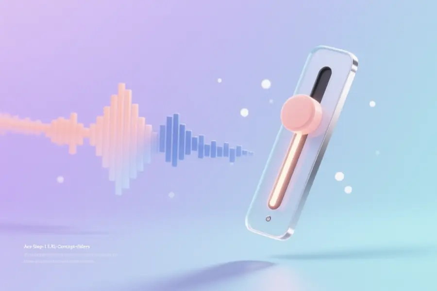 A frosted glass vertical slider control with a soft brushed aluminum track and a translucent pastel peach knob.