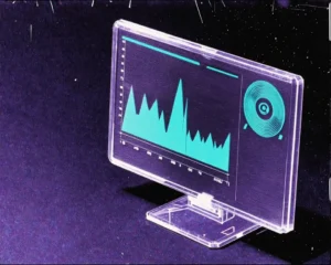 A futuristic translucent hardware monitor overlay panel floating above a dark gradient canvas.