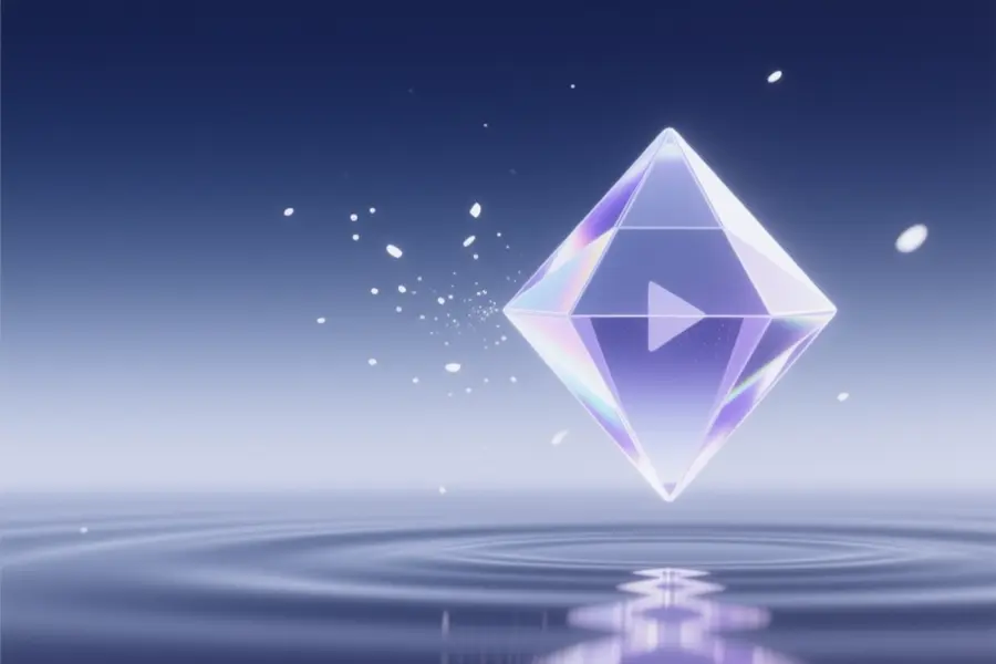 A geometric diamond-shaped video frame softly glows with a subtle prismatic sheen.