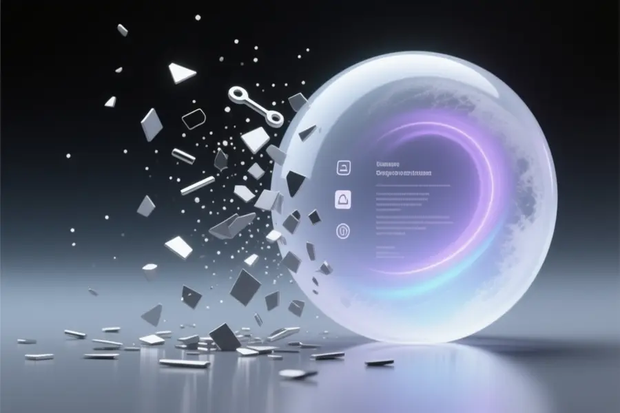 A gigantic frosted glass sphere representing a single unified tool with faint elegant text characters and tiny abstract icons.