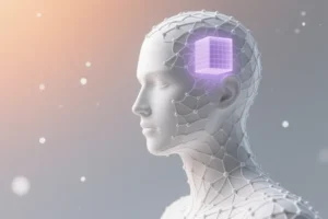 A gigantic smooth matte white sculptural bust of a featureless mannequin covered with an intricate interconnected nodes.