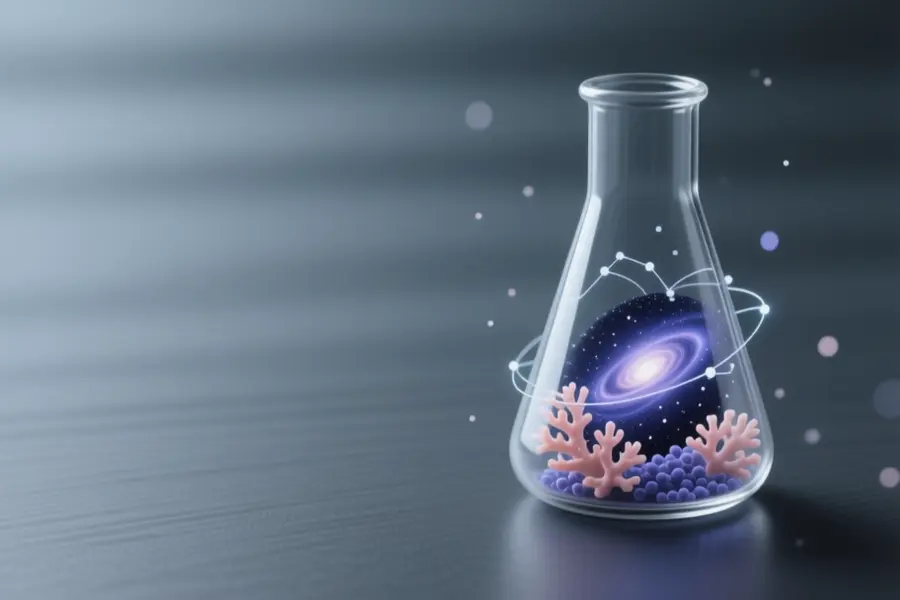 A glass-like Erlenmeyer containing a swirling miniature galaxy of soft coral and deep indigo particles.