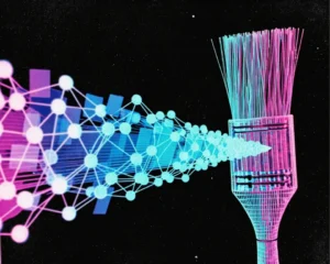 A glowing digital paintbrush that seamlessly transforms into a web of glowing node connectors.