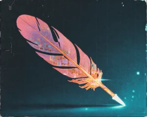 a glowing phoenix quill pen feather made of flowing data streams and circuitry.