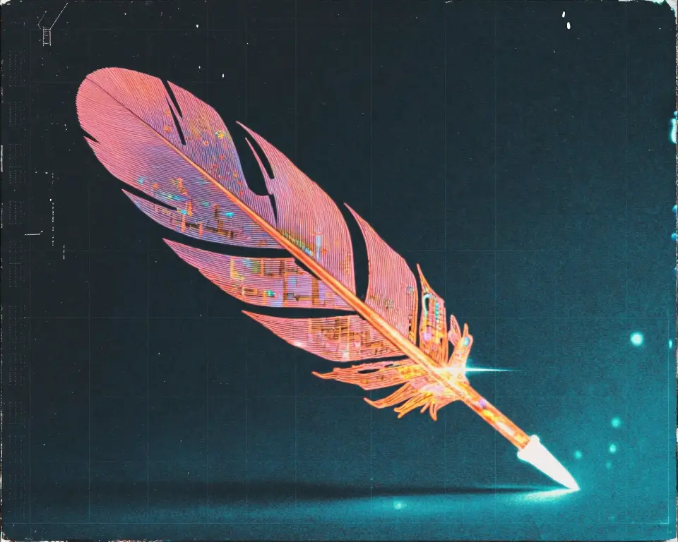 a glowing phoenix quill pen feather made of flowing data streams and circuitry.