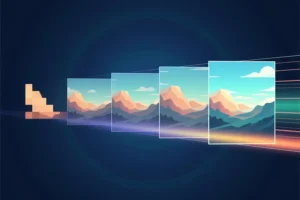 A horizontal sequence of five digital ascending frames taking up the center 80% of the view.