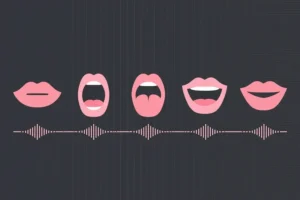 A horizontal sequence of stylized mouth silhouettes arranged in the center of the frame.