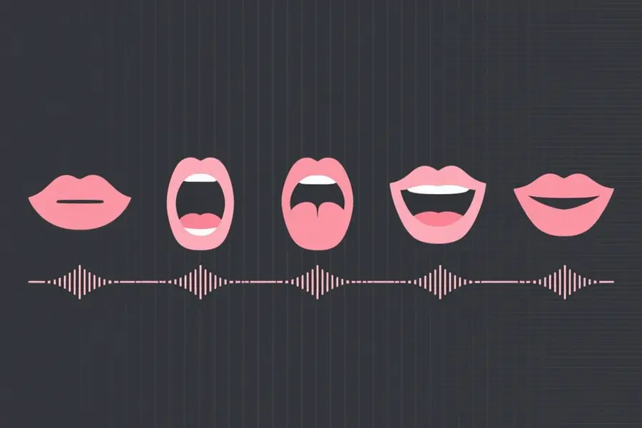 A horizontal sequence of stylized mouth silhouettes arranged in the center of the frame.