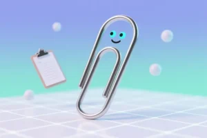 A huge metallic paperclip shaped like the classic Clippy assistant with a floating clipboard.
